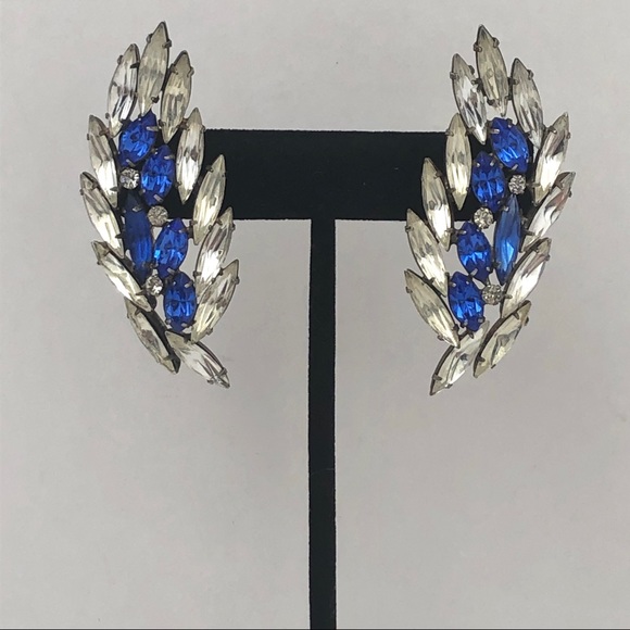 VTG BLUE CLEAR RHINESTONE “WINGED” EARRINGS - Picture 4 of 14